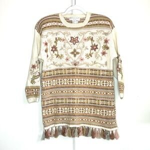 Vintage Floral Embroidered Sweater with Fringe